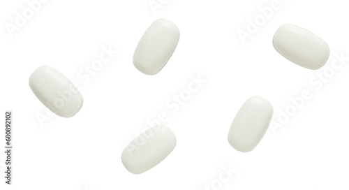 Set of five white oblong pills isolated on transparent background. Png. Medical, pharmacy and healthcare concept.