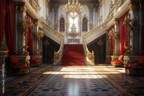 Digital Illustration Of Highly Decorated Empty Throne In Castle Hall