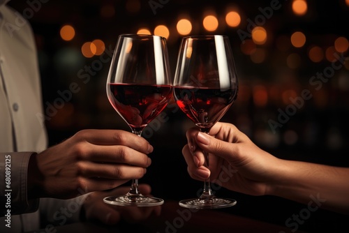 Couple Holding Red Wine Glasses With Party Background