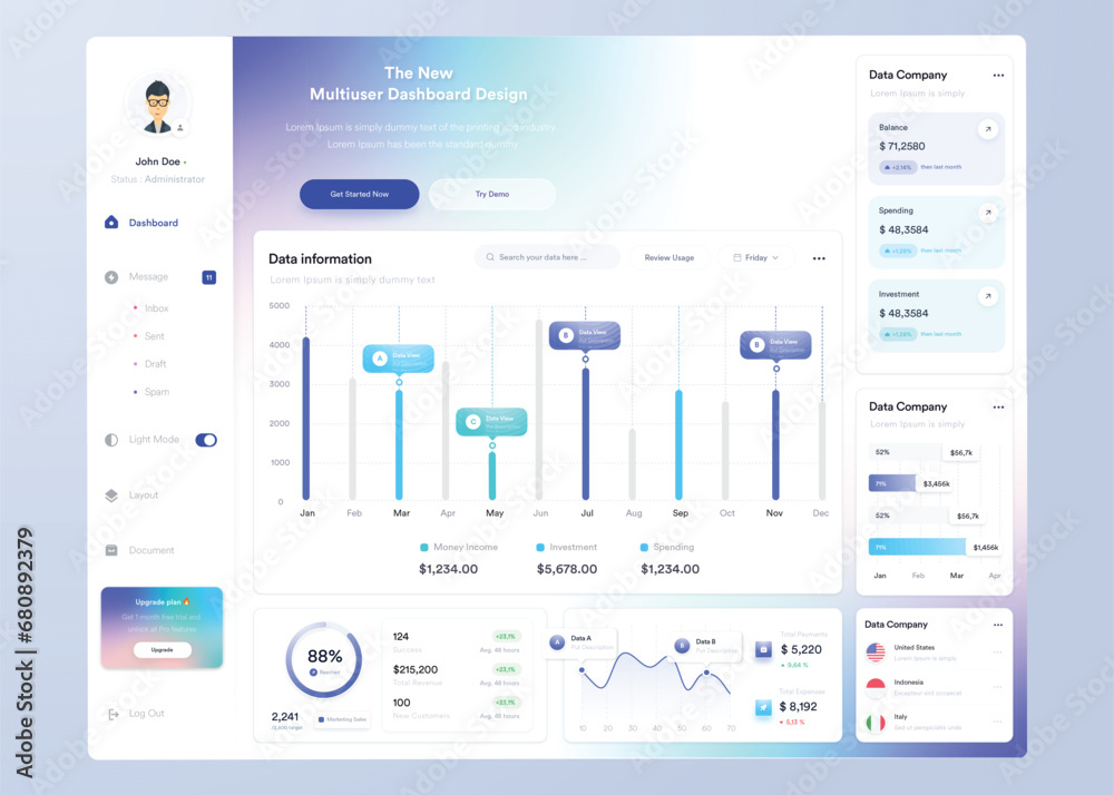 UI UX Infographic dashboard. UI design with graphs, charts and diagrams. Web interface template