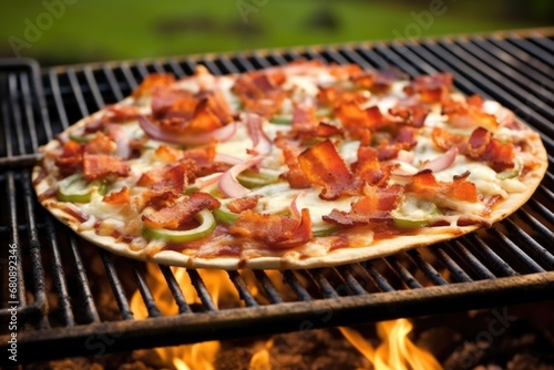 a bbq pizza being flipped on a grill