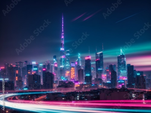 a futuristic cityscape at night with vibrant neon light trails swirling through the skyline