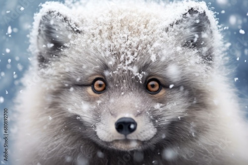 close-up of arctic foxs face with snowflakes
