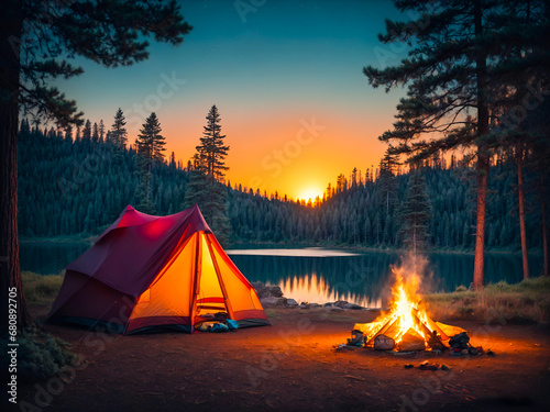 a peaceful campsite with a glowing tent