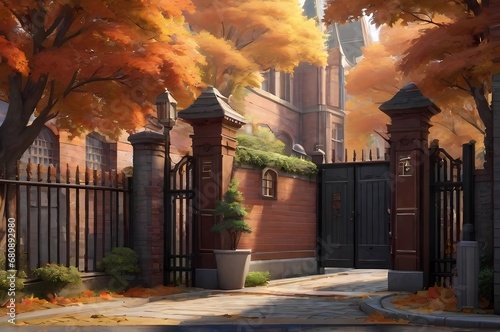秋の学校煉瓦門入口