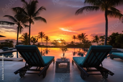 poolside lounge chairs with sea and sunset backdrop