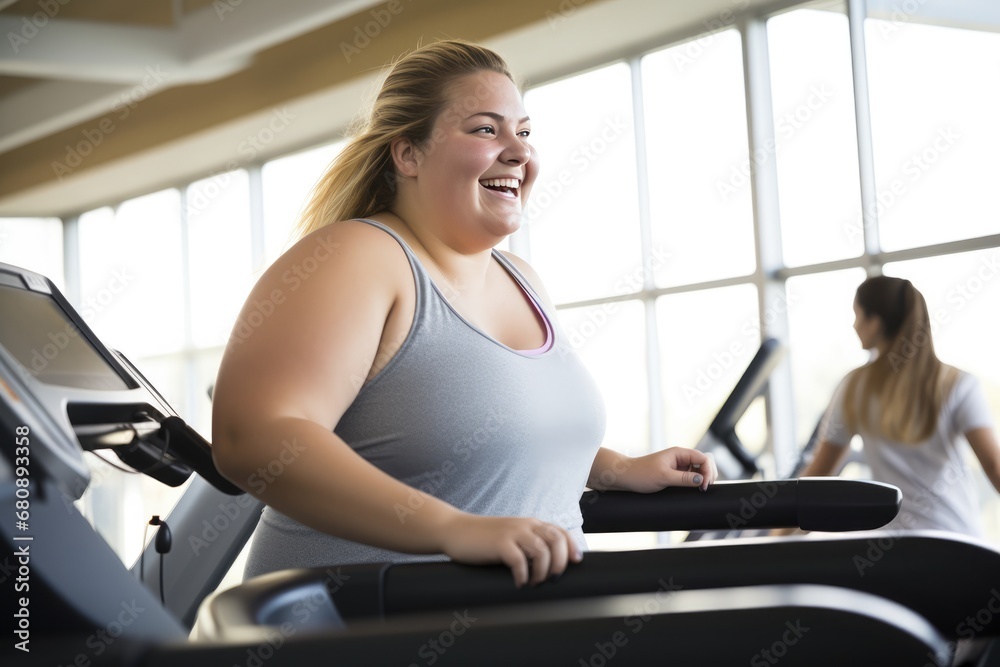 Overweight Woman Smiling While Training On Treadmill. Сoncept Healthy Fitness Journey, Body Positivity, Motivated Exercise, Endurance Training Overweight Woman Smiling While Training On Treadmill. Сoncept Healthy Fitness Journey, Body Positivity, Motivated Exercise, Endurance Training