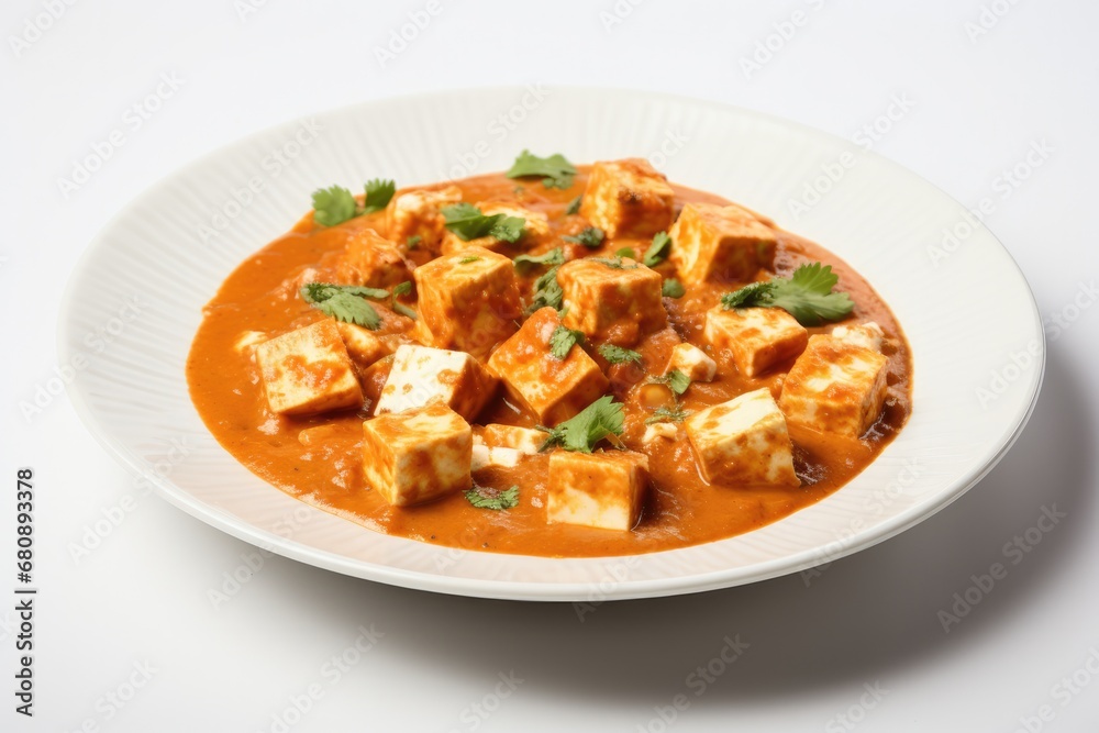 Paneer Butter Masala On White Plate On White Background Paneer Butter Masala On White Plate On White Background
