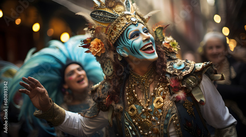 A whimsical image of street performers in ornate costumes, adding an element of surprise and enchantment to the Mardi Gras festivities. © CanvasPixelDreams