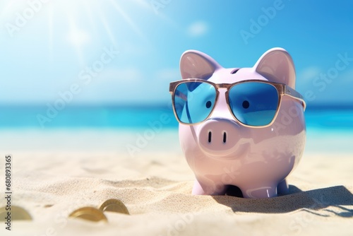 Piggy Bank Wearing Sunglasses At Beach, Saving Money For Vacation © Anastasiia