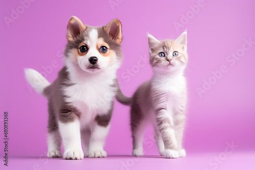 On Mauve Background White And Gray Kitten Walks With Brown Puppy