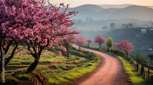 Landscape in DA Lat, Vietnam Cherry and apricot trees bloom along a road in the early spring morning, with traffic in the background, creating a picture of pleasant living in rural DA Lat plateau, Vie