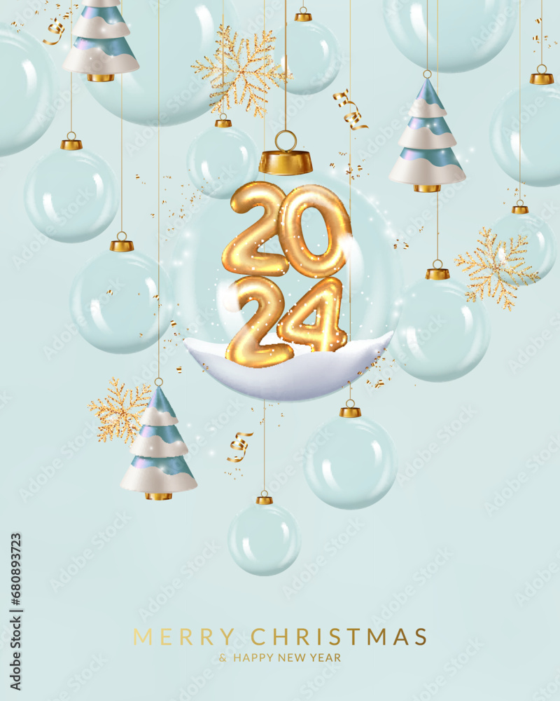 Happy New Year 2024. Christmas and New Year greeting card with balls, golden realistic metallic numbers with christmas trees, ribbon and confetti.