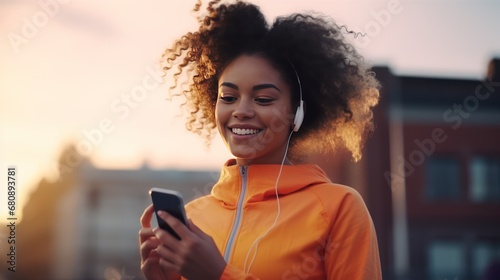 Young African American woman with smartphone and headphones during a jogging workout in the summer city street. Jogging with your favorite music in headphones, away from the noise of the big city. photo