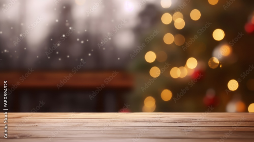 Empty wooden table with Christmas tree with light in cozy home background, Festive, Happy New Year, Christmas background