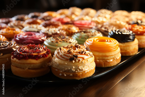 many kind of little pastries with cream  chocolate and fruit. bakery concept.