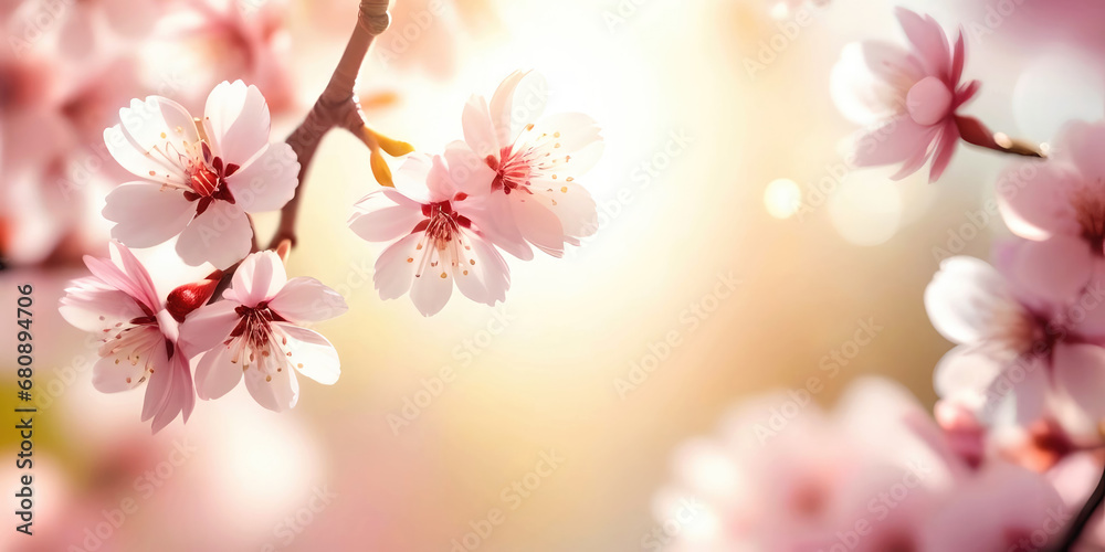 Beautiful spring bright natural background with soft pink sakura flowers close-up.
