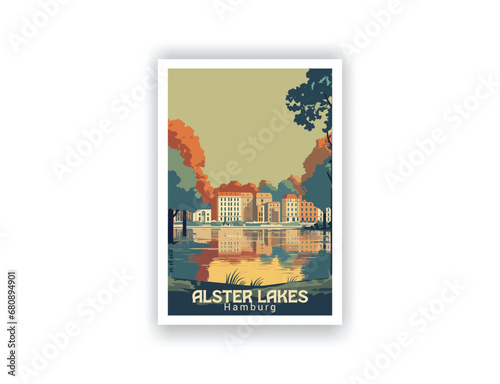 Alster Lakes, Hamburg. Vintage Travel Posters. Vector art. Famous Tourist Destinations Posters Art Prints Wall Art and Print Set Abstract Travel for Hikers Campers Living Room Decor