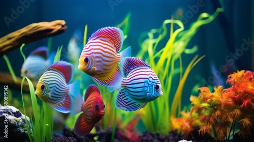 Colorful Discus Fish swimming in a fish tank This is a type of ornamental fish that is used to adorn the house scene. 