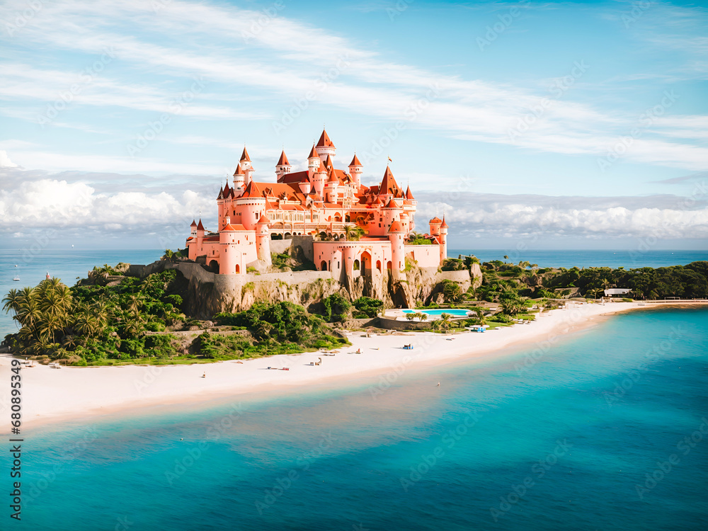 tourist resort looking like a castle, in the middle of an island