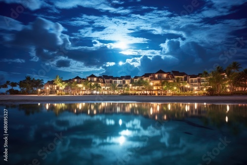 full moon over beach resort under peaceful night sky