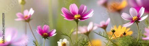 Beautiful spring summer bright natural background with colorful cosmos flowers close up.