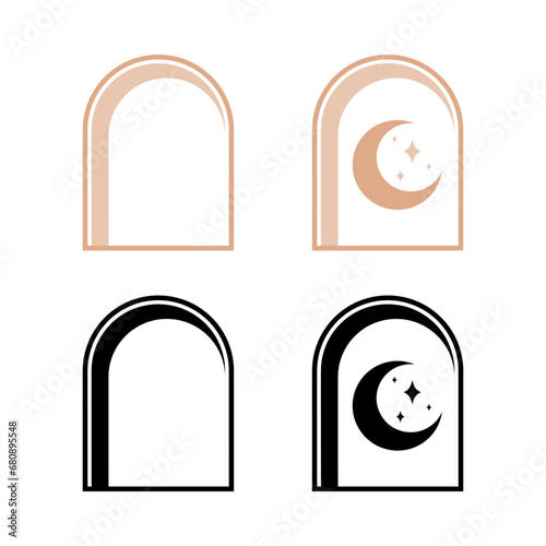 Set mosque frame door with crescent moon stars boho icon flat vector design