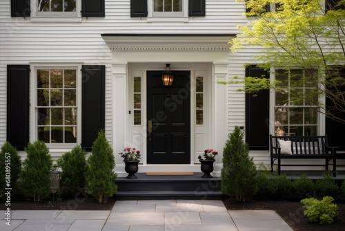 off white colonial residence with a contrasting black door