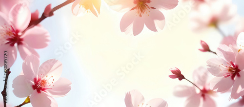 Beautiful spring bright natural background with soft pink sakura flowers close-up.