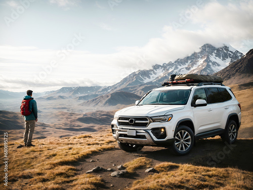 a hiker looking out towards a mountain range next to a parked white SUV, adventure and exploration concept