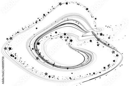 Confetti stars and pencil strokes. The stars fly along the trajectory of the lines. Black, white colors. Festive background. Vector illustration