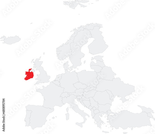 Red CMYK national map of IRELAND inside gray blank political map of European continent on transparent background using Robinson projection