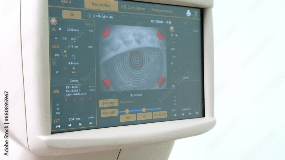 The doctor controls the optometrist's display using the scanned eye. diagnostic ophthalmological equipment. Concept of consultation and correction in an ophthalmology clinic. The doctor controls the optometrist's display using the scanned eye. diagnostic ophthalmological equipment. Concept of consultation and correction in an ophthalmology clinic.