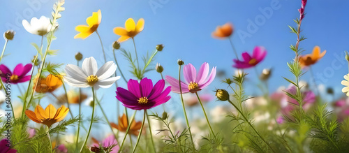 Beautiful spring summer bright natural background with colorful cosmos flowers close up. © Laura Pashkevich