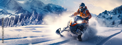 Fast snowmobile rider rides through snowy winter landscape. Postproducted generative AI illustration. photo