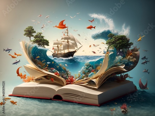 a whimsical 3D artwork of an open book with pages transforming into a vivid and bustling ocean scene photo