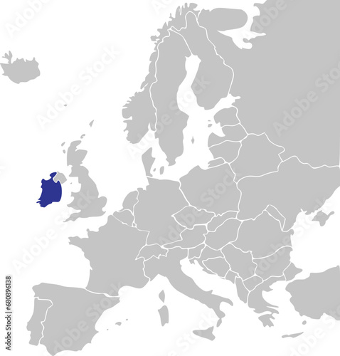 Blue CMYK national map of IRELAND inside simplified gray blank political map of European continent on transparent background using Mercator projection
