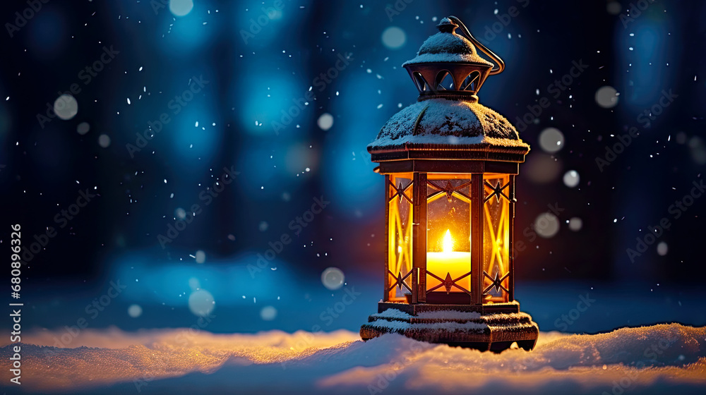Winter snowy evening and lantern with burning candle inside. Postproducted generative AI illustration. - obrazy, fototapety, plakaty 