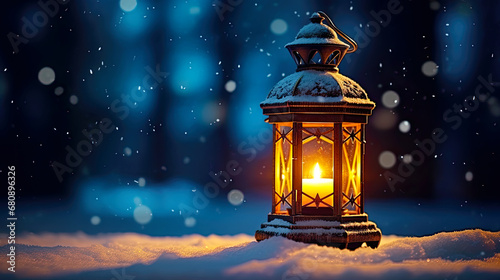 Winter snowy evening and lantern with burning candle inside. Postproducted generative AI illustration. © LeArchitecto