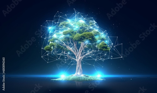 Tree growth as a leadership concept in digital futuristic polygonal style. Technological source of energy or artificial intelligence. Generative AI photo