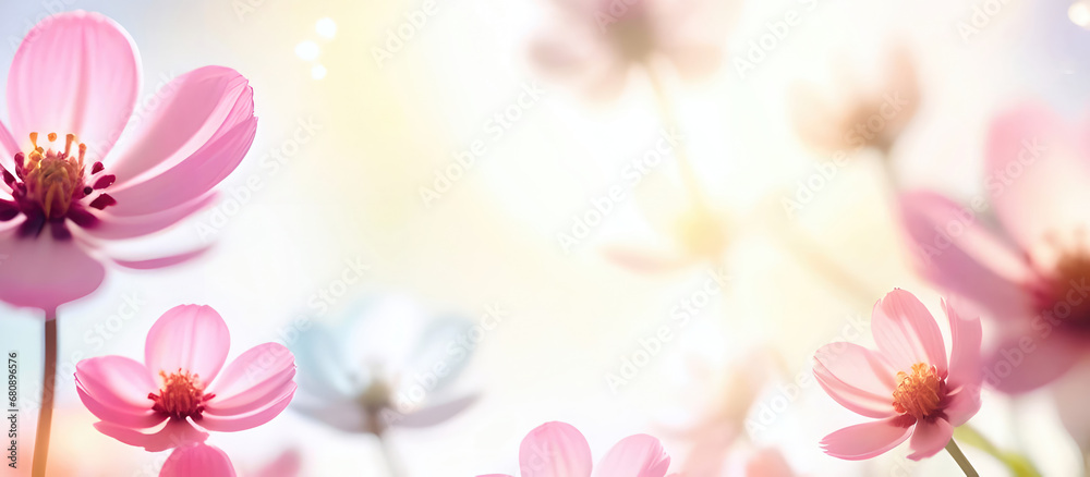 Beautiful spring bright natural background with soft pink cosmos flowers close-up. Beautiful spring bright natural background with soft pink cosmos flowers close-up.