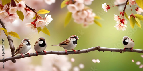 Beautiful spring bright natural background with delicate cherry flowers and sparrows.