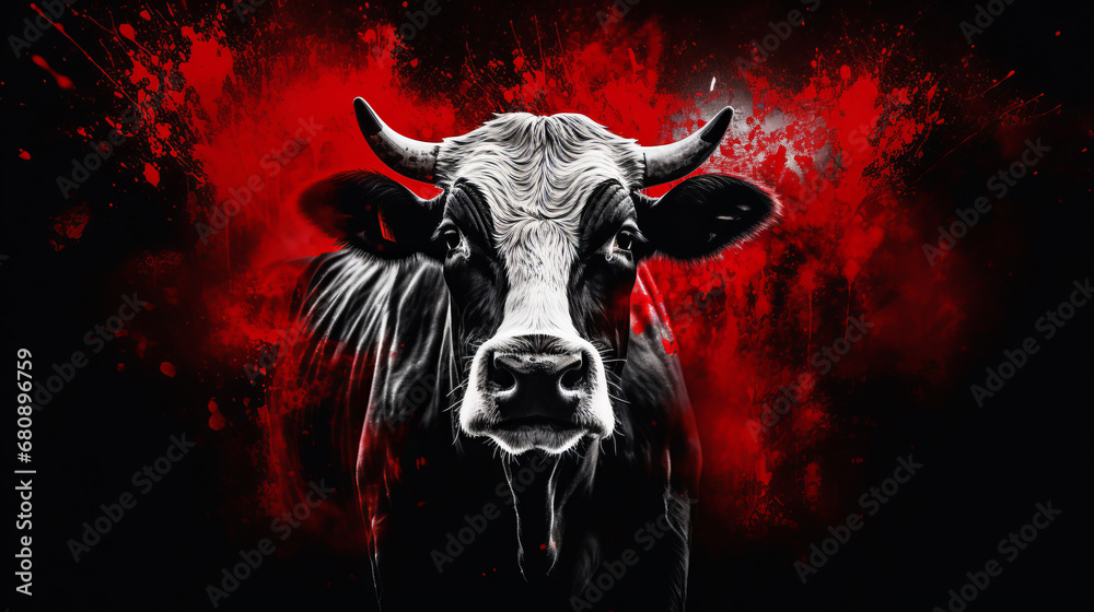 Sorrowful cow before slaughter against gruesome bloody backdrop in
