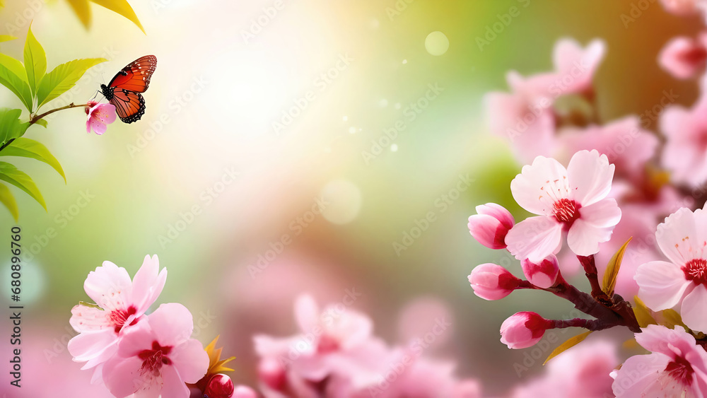 Beautiful spring bright natural background with soft pink sakura flowers close-up and butterfly.