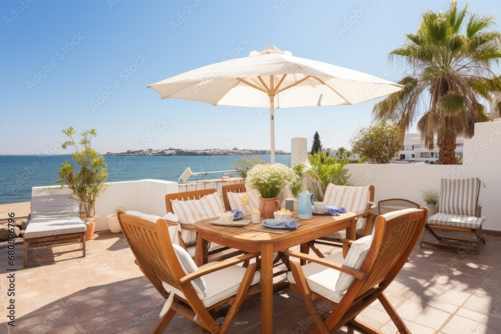 seaside patio furnished with ceramic table and chairs