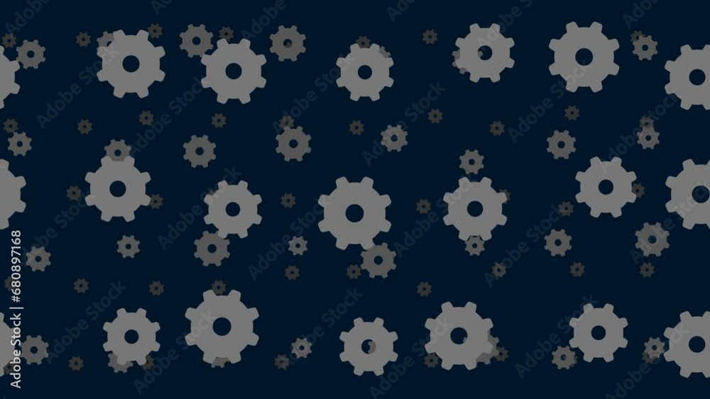 Gear symbols float horizontally from left to right. Parallax fly effect. Floating symbols are located randomly. Seamless looped 4k animation on dark blue background Gear symbols float horizontally from left to right. Parallax fly effect. Floating symbols are located randomly. Seamless looped 4k animation on dark blue background