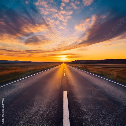 Empty asphalt road and beautiful sky at sunset  panoramic view. High quality photo