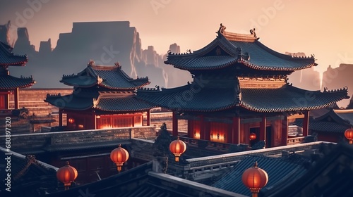 Beautiful view of chinese temple in Hong Kong, China. photo