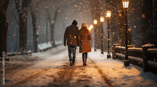 Couple closely walking on cold day in winter through a road with winter jackets in night on a street and surrounded by white snow