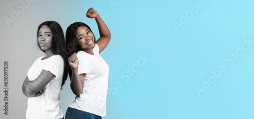 Mood Swings Concept. Young African American Female Expressing Contrasting Emotions photo